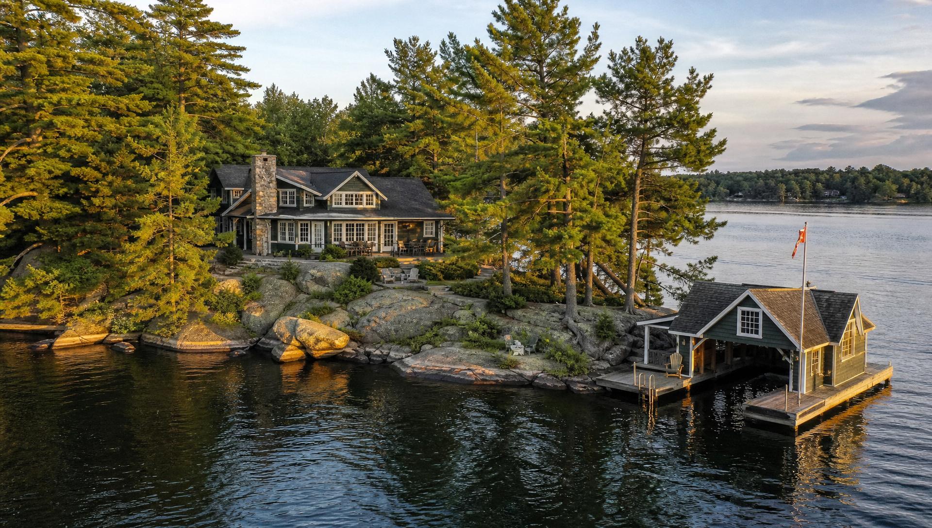 Aerial view of a classic Muskoka cottage with boathouse